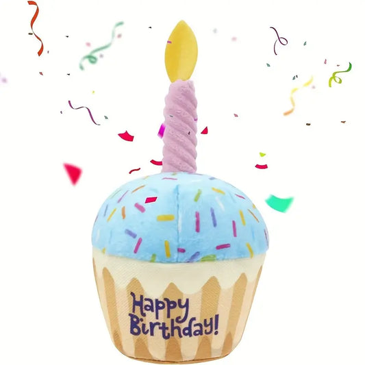 Squeaky Plush Dog Birthday Cake Toy